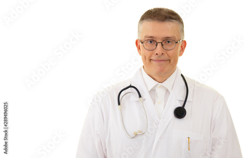 the man is a doctor in glasses and a medical gown. on the shoulders of the stethoscope. isolated background