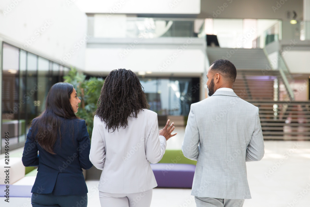 Obraz premium Multiethnic business group chatting on their way to office. Rear view of business man and women walking through hallway, talking and gesturing. Business team concept