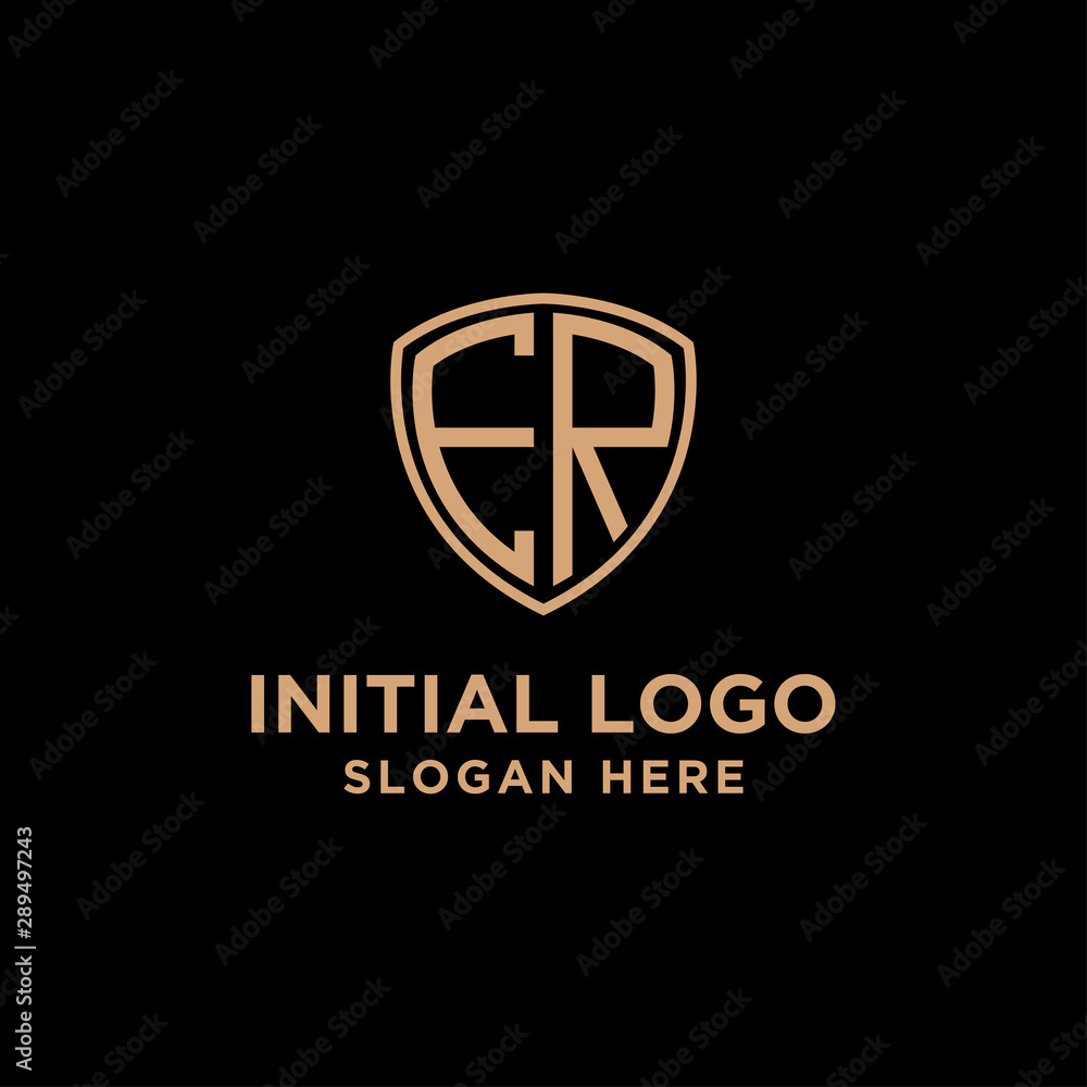 initial letters logo E R black background shield shape initial letters logo E R black background shield shape