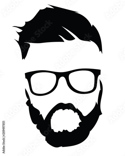Portrait of a man in glasses with a beard. Illustration for a hairdresser. Logo for the stylist. Black and white logo for a hairdresser.
