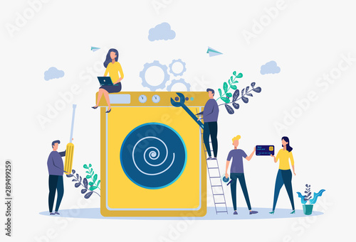 Service repair of household appliances, washing machines. Header, footer template. Colorful vector illustration