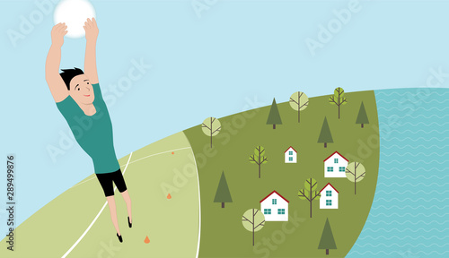 Vector illustration young sportsman playing freestyle ultimate frisbee, jumping high to catch disc. Outdoor sport activity in a park, field or countryside near the lake or river. 