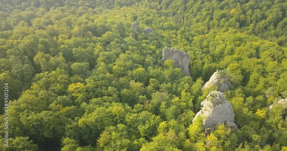 Aerial view Dovbush Rocks in Bubnyshche at sunrise in fantastic boulders amidst beautiful scenic forests and Carpathians Mountains, Ukraine Aerial view Dovbush Rocks in Bubnyshche at sunrise in fantastic boulders amidst beautiful scenic forests and Carpathians Mountains, Ukraine