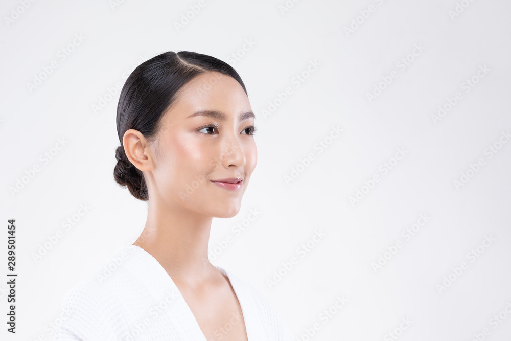 Side view of Beautiful Asian woman smile with clean and fresh skin Happiness and cheerful with positive emotional,isolated on white background,Beauty and Cosmetics Concept Side view of Beautiful Asian woman smile with clean and fresh skin Happiness and cheerful with positive emotional,isolated on white background,Beauty and Cosmetics Concept