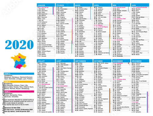 Calendrier 2020 bleu. France. Vacances scolaires, nombre de semaines et jours fériés.