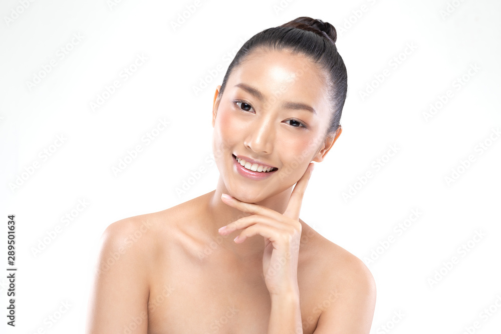 Beautiful Young Asian Woman Looking While Touching Chin feeling so happy and cheerful with healthy Clean and Fresh skin,isolated on white background,Beauty Cosmetics Concept Beautiful Young Asian Woman Looking While Touching Chin feeling so happy and cheerful with healthy Clean and Fresh skin,isolated on white background,Beauty Cosmetics Concept