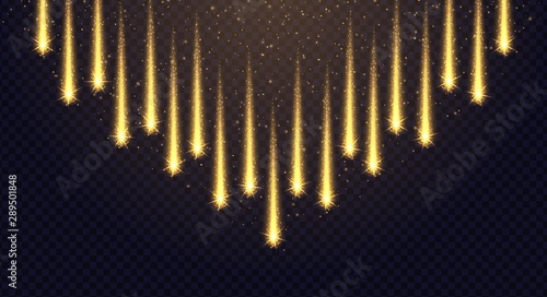 Magic golden stars light effect isolated on transparent background. Luminescent stardust background with bright bokeh and sparkles. Vector illustration.