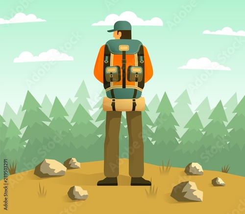 Man with camping backpack back view against the backdrop of a forest. Vector illustration.