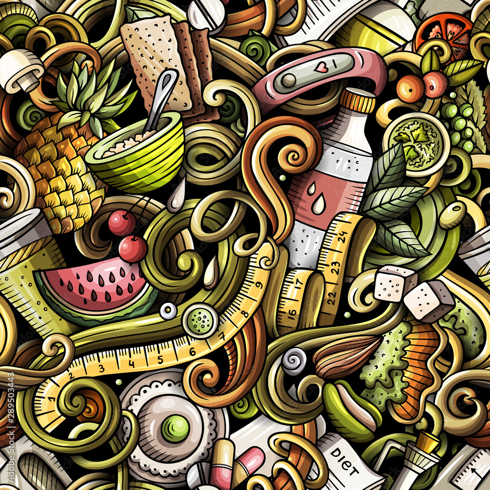 Cartoon cute doodles hand drawn Diet food seamless pattern