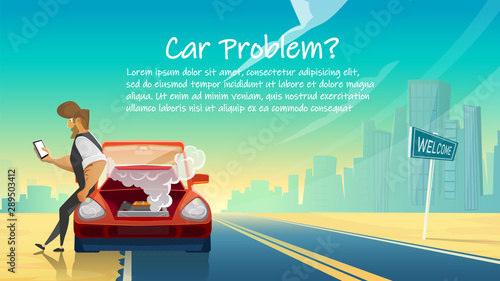 Man Calls Car Service. Breakdown and Car Problems.