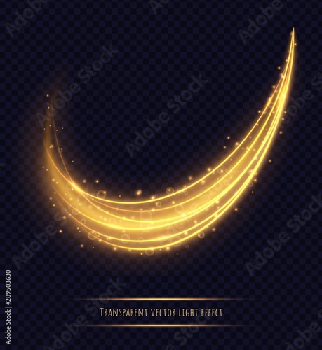 Magic golden light trail effect isolated on transparent background. Luminescent stardust with bright bokeh and sparkles. Vector illustration.