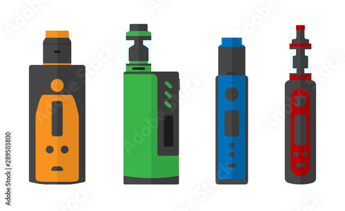 Colorful set of e-cigarettes icons. 4 different box mods with dripping atomizer and tanks. 