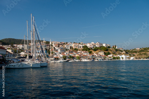 Samos island. Greece. Sea and pythagorion village background.