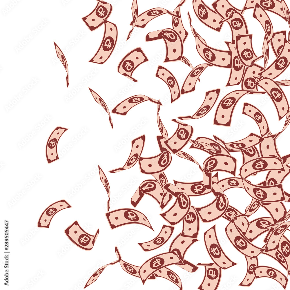 Obraz premium Russian ruble notes falling. Floating RUB bills on