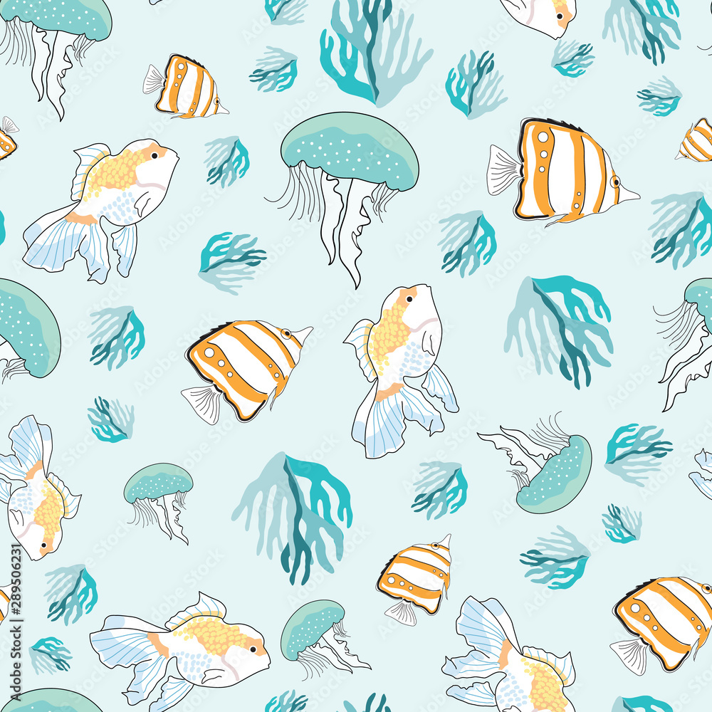 Jellyfish coral and fish Seamless background pattern Jellyfish coral and fish Seamless background pattern