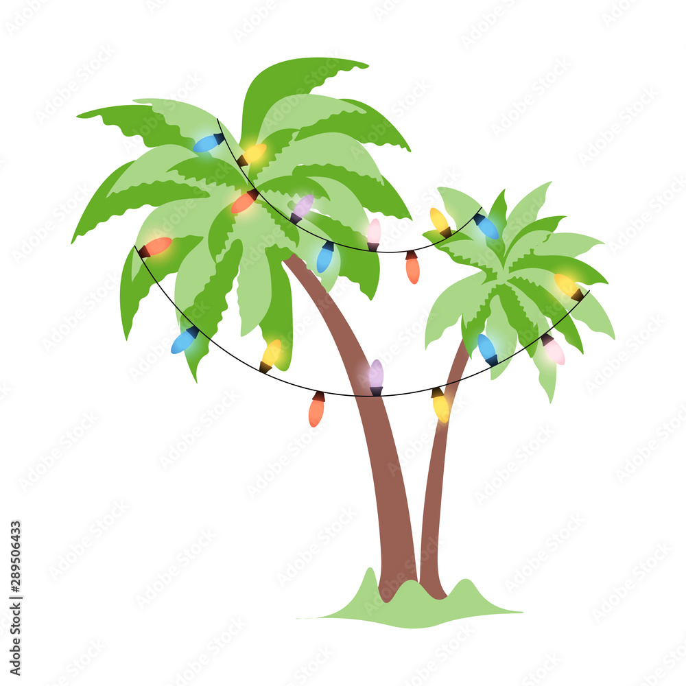 Christmas palm tree decorated with luminous garlands. Template of