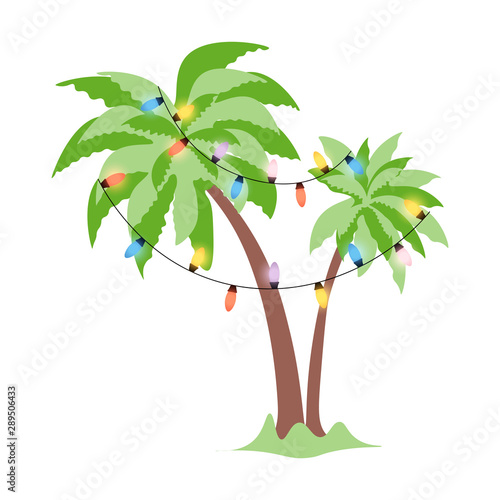 Christmas palm tree decorated with luminous garlands. Template of double tropical palm with fluffy and dense crown for new year holidays. Isolated vector illustration in flat style. 