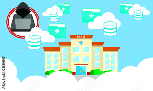 Vector illustration of cyber security threats at hospital cloud services. Malware,  ransomware attack, data breach in healthcare systems. Hipaa compliance vulnerability.