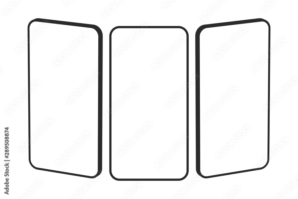 Three frameless cell phone templates on white background. Mobile phone mockup with front and side view. Vector illustration Three frameless cell phone templates on white background. Mobile phone mockup with front and side view. Vector illustration