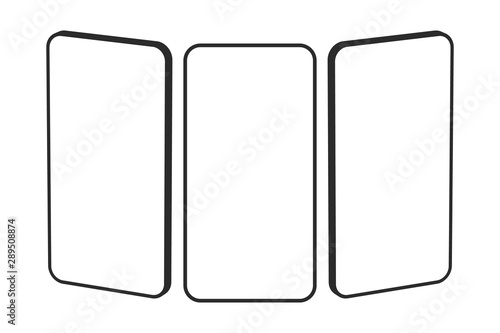 Three frameless cell phone templates on white background. Mobile phone mockup with front and side view. Vector illustration