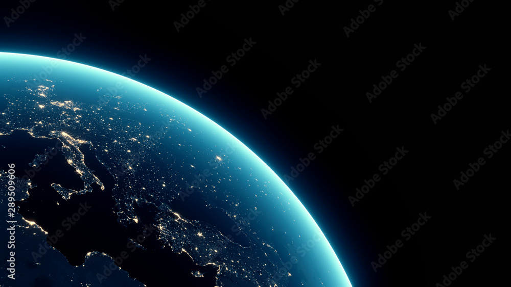 3D Rendering of earth at night brighten from lights from large capital cities. View from outer space with blue glow reflection from atmosphere. Elements of this image furnished by NASA