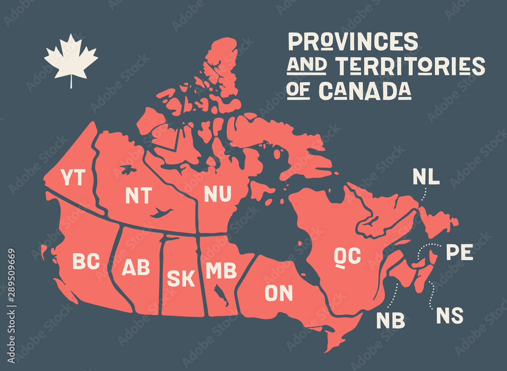 Fototapeta Mapa Kanady. Plakatowa mapa prowincji i terytoriów Kanady