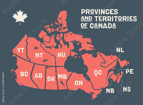 Obraz na plátně Map Canada. Poster map of provinces and territories of Canada