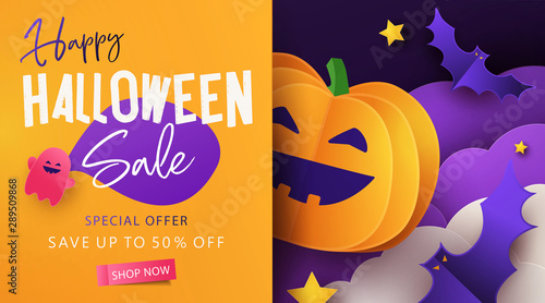 Halloween Sale Promotion banner with cutest pumpkin, bats and ghost in night clouds. Paper cut, digital craft style. Halloween web Sale banner, poster, party invitation or greeting card template