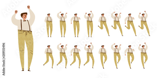 Man dances. Big set of characters in various positions. Happy man in pants with suspenders in Scandinavian style stays, dances, walks, jumps. Vector illustration EPS10 isolated on white