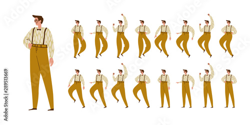 Man dances. Big set of characters in various positions. Happy man in pants with suspenders in Scandinavian style stays, dances, walks, jumps. Vector illustration EPS10 isolated on white