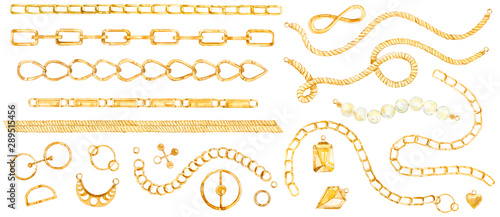 Watercolor set of isolated elements, luxury gold chain, rope, gold jewelry for the textile pattern or wallpaper.