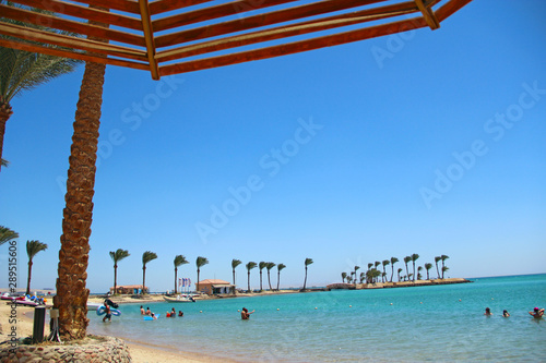 Fototapeta Naklejka Na Ścianę i Meble -  tropical resort with palm trees sand and sandy beach. Paradise rest on seashore of Red sea