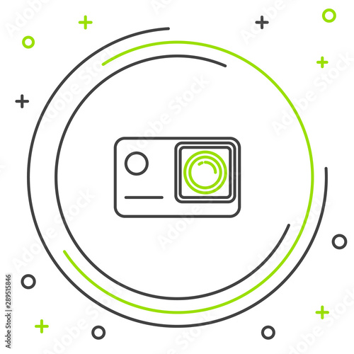 Black and green line Action extreme camera icon isolated on white background. Video camera equipment for filming extreme sports. Colorful outline concept. Vector Illustration