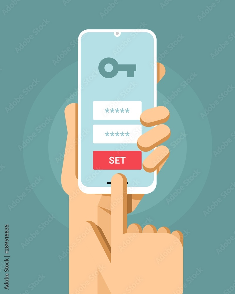 Smartphone mockup in human hand. Login and password authorization screen. EPS10 Vector Smartphone mockup in human hand. Login and password authorization screen. EPS10 Vector
