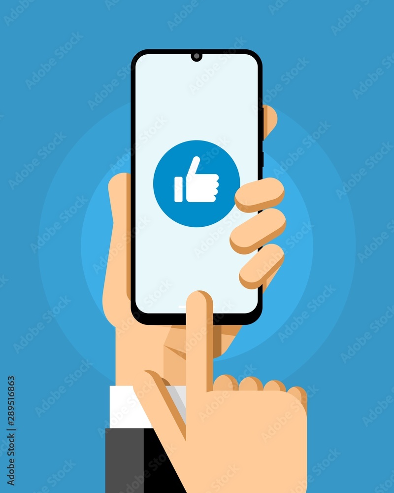 Smartphone mockup in human hand. Social media communication. Like button. EPS10 Vector Smartphone mockup in human hand. Social media communication. Like button. EPS10 Vector