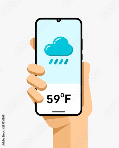 Smartphone mockup in human hand. Weather temperature application. Autumn, cloud, rain. EPS10 Vector