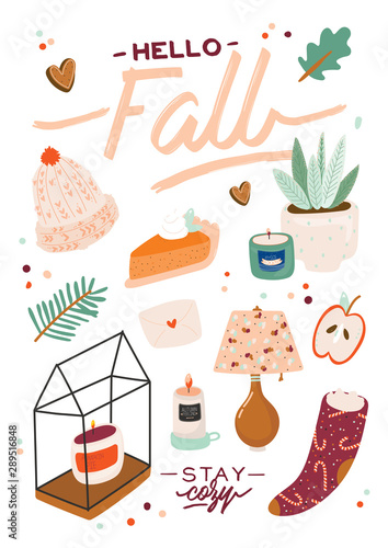 Cute illustration with autumn and winter cozy elements. Isolated on white background. Motivational typography of holidays hygge quotes. Scandinavian danish style. Vector