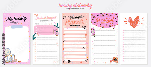 Collection of weekly or daily planner, note paper, to do list, stickers templates decorated by cute beauty cosmetic illustrations and trendy lettering. Trendy scheduler or organizer. Flat vector