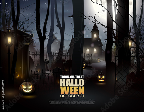Old church in a spooky forest. Halloween template
