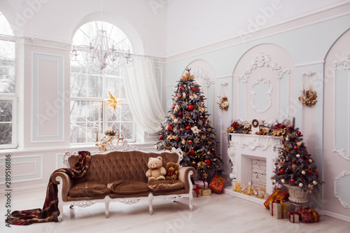 Tall Christmas tree decorated with red ornaments, baroque sofa, stucco wall in spacious light room in baroque style.