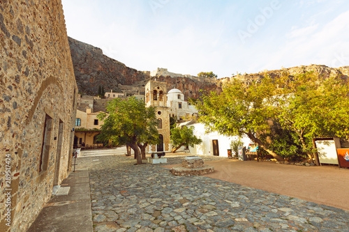 The main square with street cafes in a medieval town without cars Monemvasia.