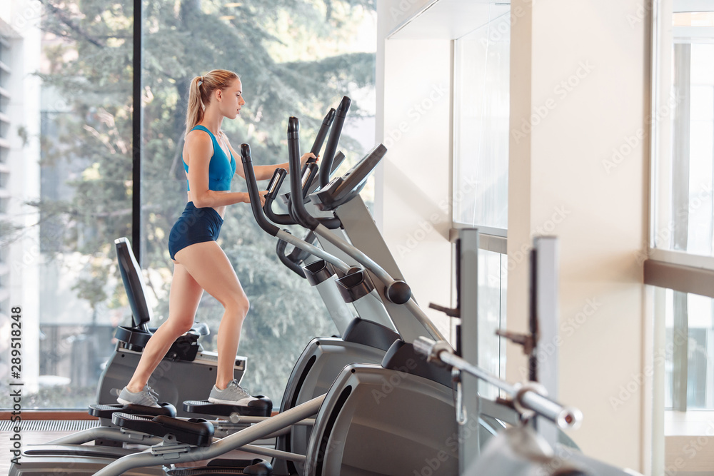 Side view of a graceful beautiful young woman fitness model is engaged with a simulator in the gym. The girl monitors her figure while exercising in the gym and eating properly Side view of a graceful beautiful young woman fitness model is engaged with a simulator in the gym. The girl monitors her figure while exercising in the gym and eating properly