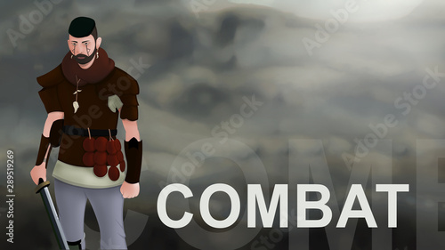 Combat word text with Warrior armed with sword viking and leather armor on a gradient background. With copyspace for your text. Larp role play. Battle and medieval war. battlefield. Illustration 2d photo