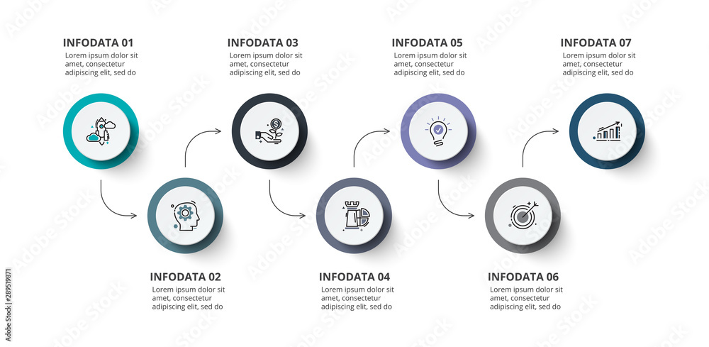 Fototapeta premium Process chart. Business data visualization. Abstract elements of diagram with 7 steps, options, parts or processes. Creative concept for infographic.