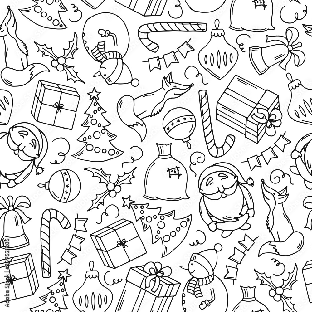 Happy New year and merry Christmas seamless pattern. Doodle cartoon style. Great for gift wrapping paper, winter holiday greeting card.