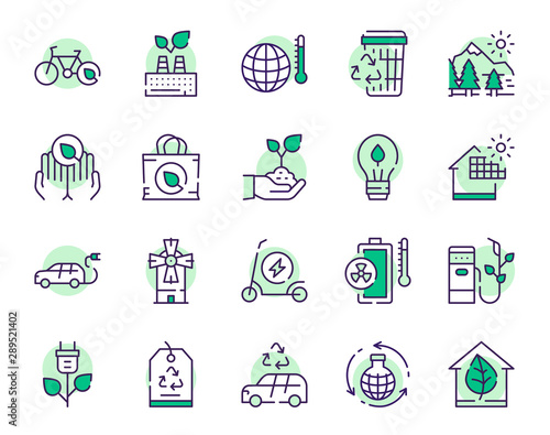 Nature conservation green color linear icons set