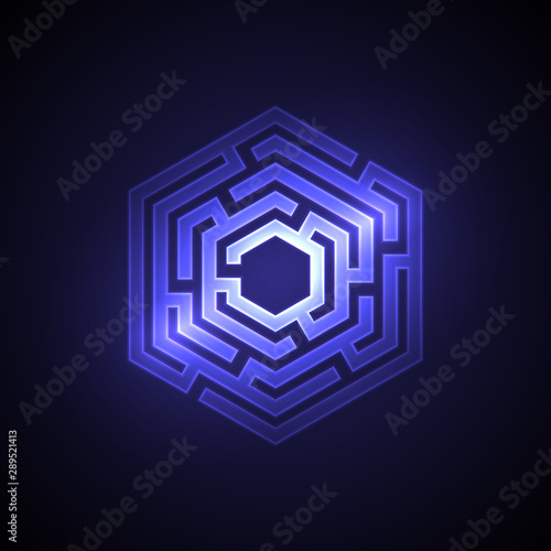 Abstract maze background with glowing light. Labyrinths in shape of hexahedron. Modern design of mystery pattern for business, decoration. Vector illustration on gradient background.
