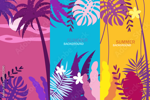 Set summer tropical template backgrounds stories with palms, sky and sunset