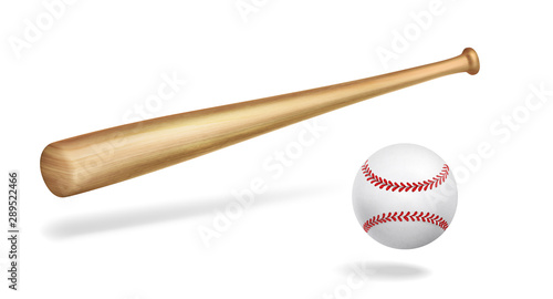 Wooden baseball bat and white leather ball with red strips perspective view, 3d realistic vector object isolated on white background with shadows. Competitive team sport equipment element illustration