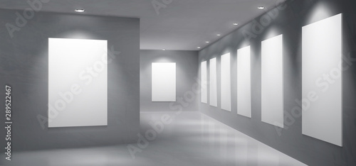 Art gallery, museum exhibition hall empty interior with painting, photography blank white, clean frames hanging on wall, illuminated round spotlight lamps from ceiling 3d realistic vector illustration